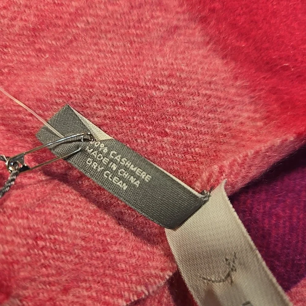 Ann‎ Taylor Cashmere Scarf One Size Pink Red Tags Colorblock Tassel Small Hole